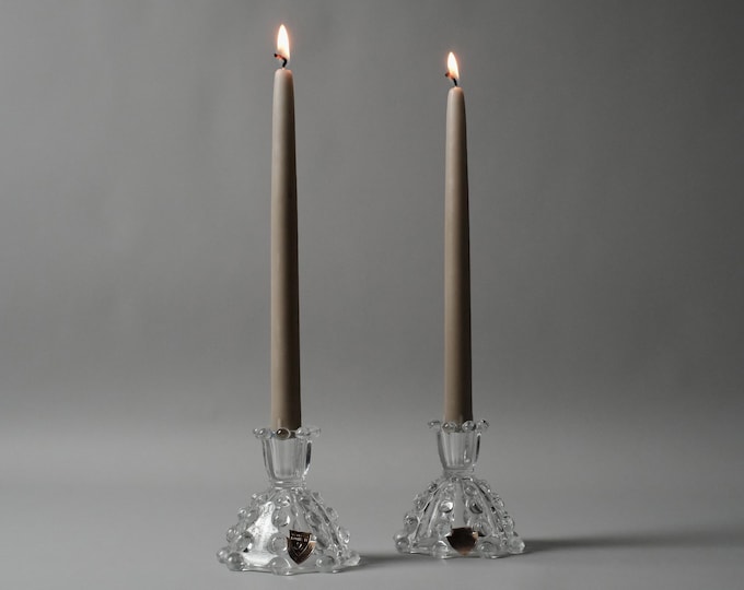 Bohemia Crystal Candle Holders Pair | Reversible Tealight Holders | 1960s Brutalist MCM | Czechoslovakia.