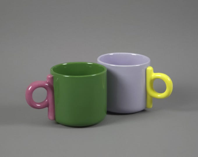 Pair Of Lilac & Green Porcelain Mugs In Postmodern Design.