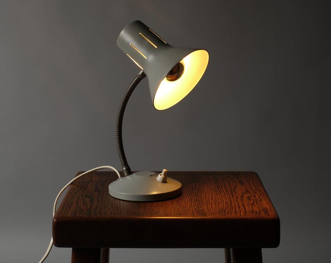 Vintage 1960s Mid Century Modern Gooseneck Desk Lamp, Grey Metal, Holland.