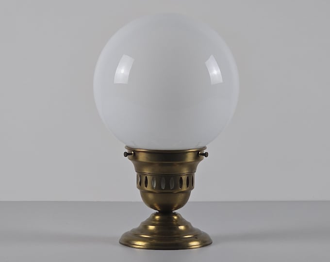 Art-Deco Revival - Vintage Ceiling Light Fixture With Brass Base & Opaline Glass Ball Shade - Neo-Vintage Light Fixture - France, 1980s.