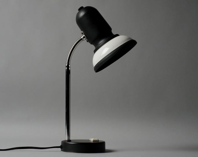 1980s Massive Lighting Gooseneck Desk Lamp, Black and White Metal, Industrial, Belgium.