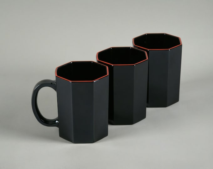 Retro 1980s Set Of 3 ARCOROC 'Octime' Octagonal Black Ceramic Mugs.