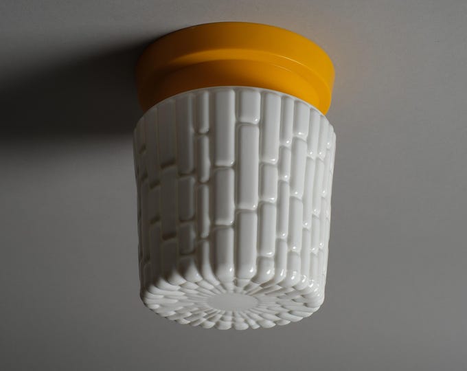 Vintage Textured Opaline Glass Light Fixture, Yellow Plastic Base, 1970s Space Age.