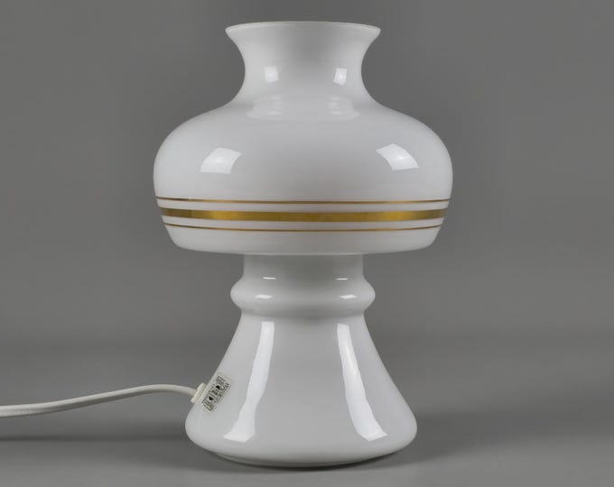 1970s Vintage FLYGSFORS ORREFORS Mushroom Glass Table Lamp – Opaline Glass Shade & Blue Detailing – Swedish Space-Age Mood Light.