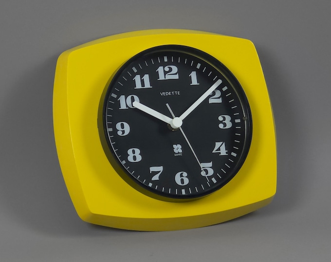 1970s Space Age Design Vedette Yellow Plastic Wall Clock • Retro French Pop Art Design.