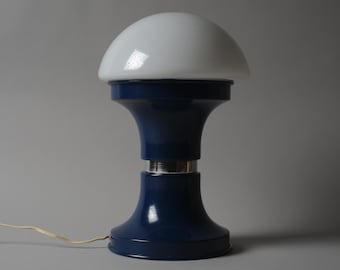 MBLL Barcelona Mushroom Table Lamp, Blue Enamel, Glass Shade, 1970s Space Age Design, Spain.