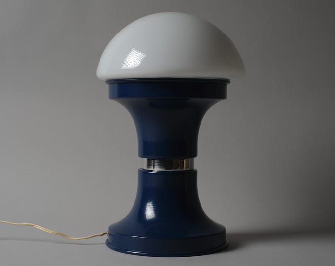 MBLL Barcelona Mushroom Table Lamp, Blue Enamel, Glass Shade, 1970s Space Age Design, Spain.