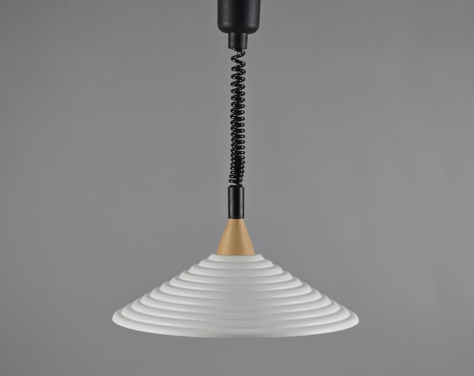 1980s Vintage Industrial White Ribbed Pendant Lamp With Wood Accent • Scandinavian Style Ceiling Light.