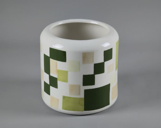 Vintage 1990s Ceramic Planter With Geometric Grid Pattern • Retro Ceramic Pot With Pixel Style Design.