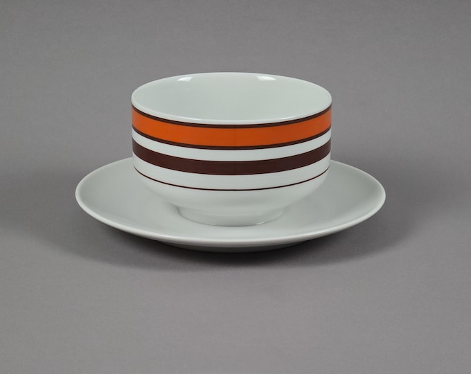 Vintage 1970s Schumann Arzberg Striped Ceramic Soup Bowl & Saucer.