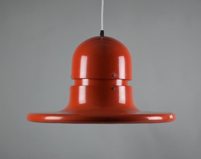 Vintage 1970s BREDARYD Swedish Modern Orange Aluminium Pendant Lamp By Börje Claésson & Kenneth Bringzén • Design Claésson Bringzén Lamp.