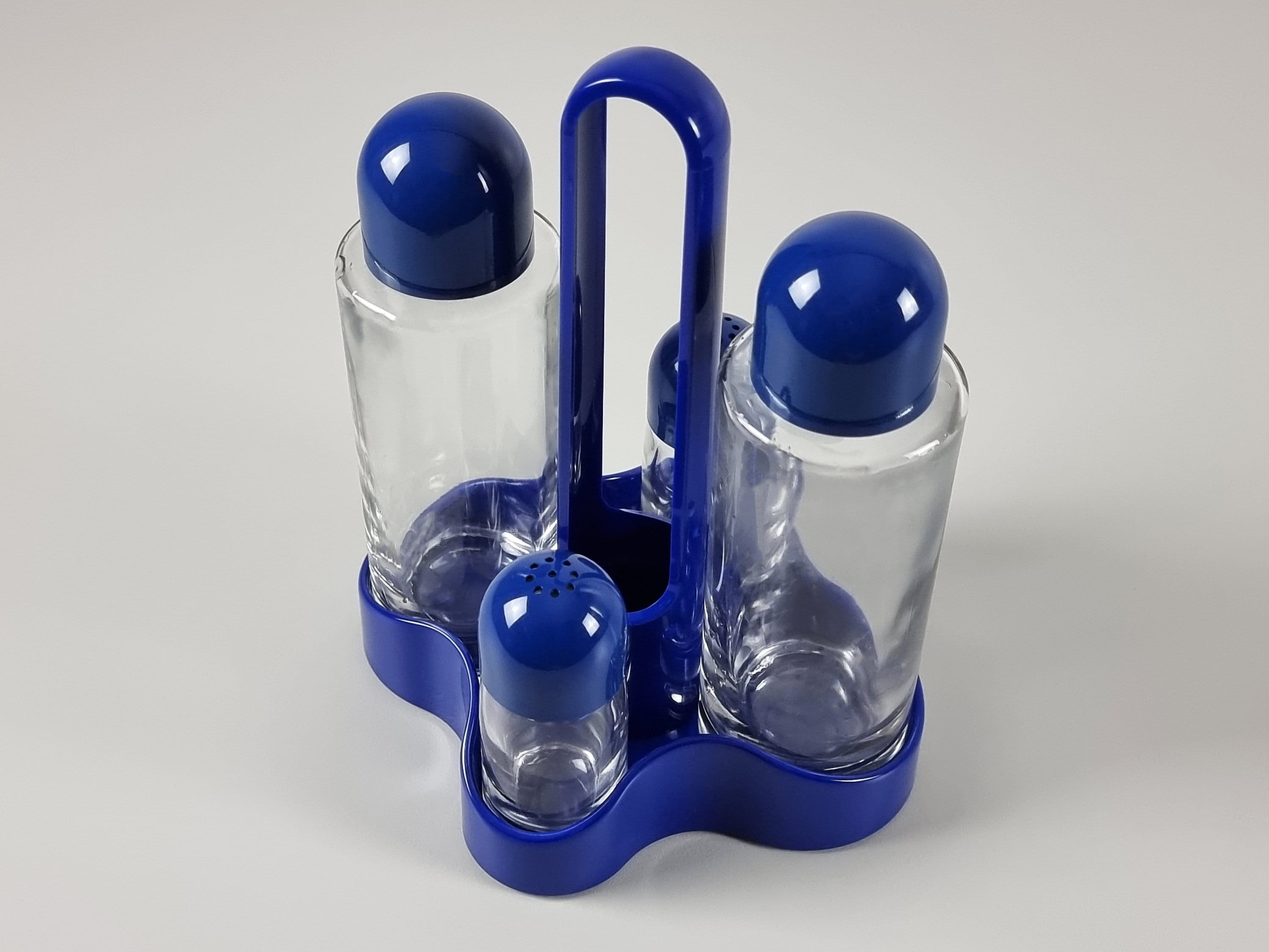 Space Age Design Vintage SCARONI Blue Plastic and Glass Cruet Set 4-piece  Condiments Set Italy, 1980s. 