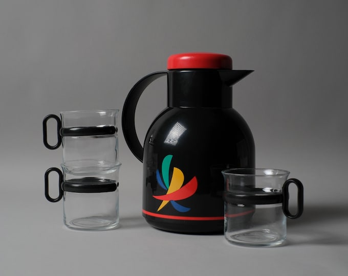 EMSA Samba Vacuum Flask and Randwyck Holland Glass Mugs Set, Postmodern, West Germany, 1980s.