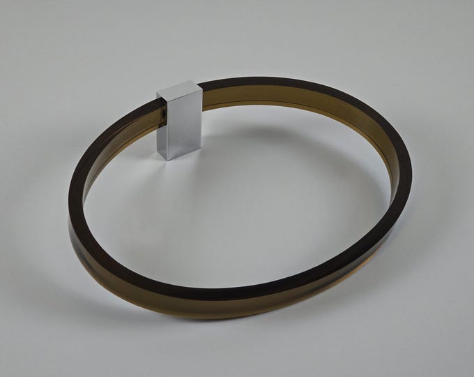 New In Box 1970s Vintage GUZZINI Bagno Amber Tinted Acrylic Oval Towel Ring - Retro Italian Bathroom Accessories.