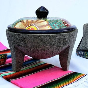 BEST SELLER molcajete of lava stone for guacamole. With cap elegant talavera mortar and pestle and accessories molcajete, super bowl