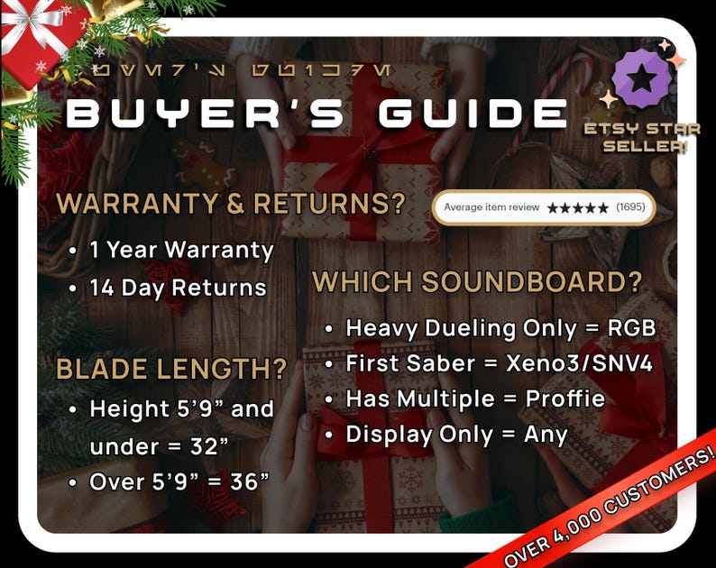 May include: A buyer's guide for lightsaber products with information about warranty, returns, blade length, and soundboard options. The guide includes text such as "1 Year Warranty", "14 Day Returns", "Blade Length", "Height 5'9" and under = 32", "Over 5'9" = 36", "Heavy Dueling Only = RGB", "First Saber = Xeno3/SNV4", "Has Multiple = Proffie", and "Display Only = Any".