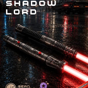 May include: Two metallic lightsabers with weathered dark grey finishes and glowing red blades. The hilts feature intricate ribbed detailing, circular buttons, and red accents. Text reads SHADOW LORD, SEAN SOLO S'ABERS, and ETSY STAR SELLER.