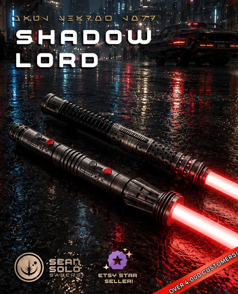 May include: Two metallic lightsabers with weathered dark grey finishes and glowing red blades. The hilts feature intricate ribbed detailing, circular buttons, and red accents. Text reads SHADOW LORD, SEAN SOLO S'ABERS, and ETSY STAR SELLER.