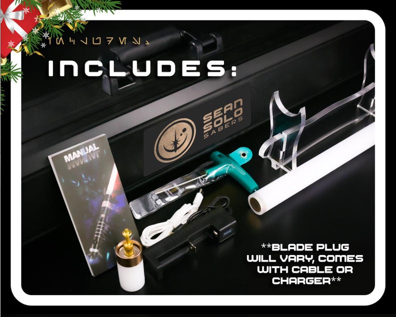 May include: A black carrying case with the text "INCLUDES:" and "SEAN SOLO SABERS". The case contains a manual, a white blade, a green tool, and a black charger. The text "**BLADE PLUG WILL VARY, COMES WITH CABLE OR CHARGER**" is also visible.