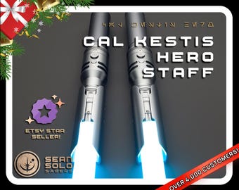 May include: Two silver "Cal Kestis Hero Staff" lightsabers with bright blue blades. The image includes text that says "Etsy Star Seller!" and "Over 4,000 Customers!" The seller's logo is also visible.