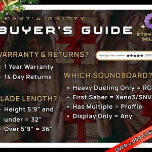 Op de afbeelding: Een koopgids voor lightsaber-producten met informatie over garantie, retour, klingelengte en soundboard-opties. De gids heeft een feestelijke achtergrond met rode en groene decoraties.