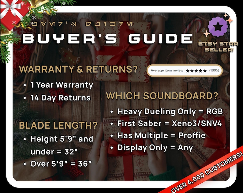 Op de afbeelding: Een koopgids voor lightsaber-producten met informatie over garantie, retour, klingelengte en soundboard-opties. De gids heeft een feestelijke achtergrond met rode en groene decoraties.