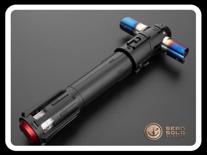 May include: A black lightsaber with a red emitter and blue and silver accents. The lightsaber is made of metal and has a textured surface. The lightsaber is a popular prop for fans of the Star Wars franchise.