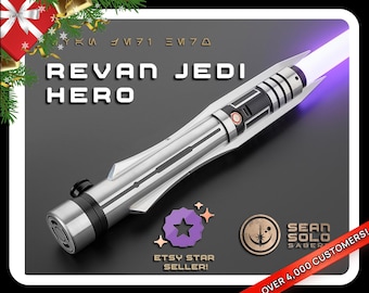 May include: A silver-toned metal lightsaber hilt with black accents and a glowing purple blade. The text REVAN JEDI HERO is displayed prominently. Additional graphics include an Etsy Star Seller badge and a Sean Solo Sabers logo.