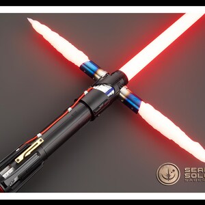 May include: A red and white double-bladed lightsaber with a black handle and blue accents. The lightsaber is lit and the blades are crossed. The text "SEAN SOLO SABERS" is visible in the lower right corner of the image.