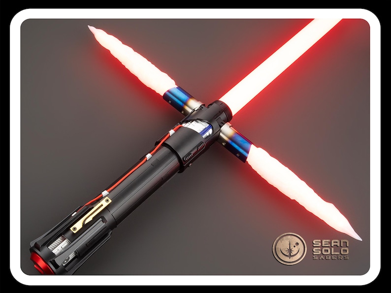 May include: A red and white double-bladed lightsaber with a black handle and blue accents. The lightsaber is lit and the blades are crossed. The text "SEAN SOLO SABERS" is visible in the lower right corner of the image.