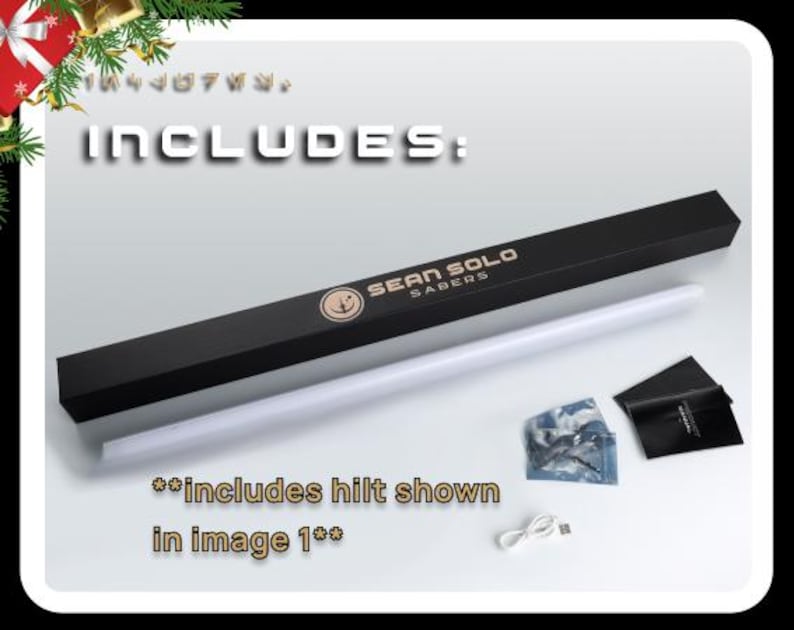 May include: A black box with the text "Sean Solo Sabers" on it. The box contains a white lightsaber blade and a hilt. The image text reads "Includes: **includes hilt shown in image 1**"