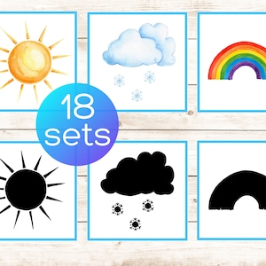 Cartes assorties d'ombre météo. Imprimable pour les tout-petits Montessori. Activité météo pour les enfants d'âge préscolaire
