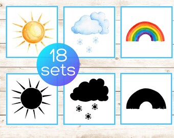 Weather shadow matching cards. Montessori toddler printable. Preschool weather activity