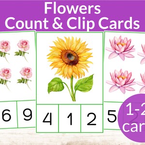 Fleurs Montessori Count & Clip Cards. Activité mathématique pour la maternelle et la maternelle. Étude de l'unité Fleurs. Comptage des nombres d'enfants d'âge préscolaire à la maison