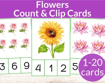 Può includere: Un set di 20 schede di conteggio e clip di fiori stampabili. Ogni scheda presenta un'illustrazione ad acquerello di un fiore, come una rosa, un girasole o un giglio d'acqua. Le schede sono progettate per consentire ai bambini di contare i fiori e agganciare il numero corrispondente.