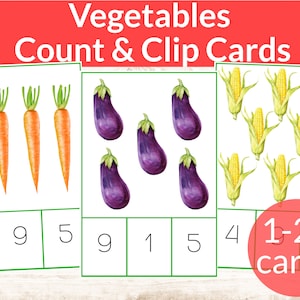 Cartes à découper et à compter Montessori de légumes. Activité mathématique pour la maternelle et la maternelle. Étude de l'unité des légumes. Numéros préscolaires pour l'école à la maison