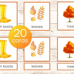 Tarjetas de vocabulario de otoño Montessori para imprimir en 3 partes. Tarjetas de nomenclatura. Actividad para preescolar y jardín de infantes. Ilustraciones en acuarela