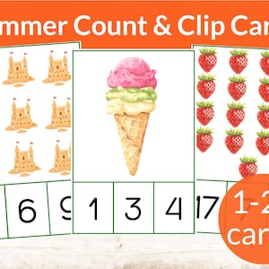 Summer Montessori Count & Clip Cards. Preschool and Kindergarten math activity. Summer Unit Study. Homeschool preschool numbers and counting