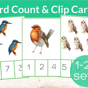 Cartes de comptage et d'agrafes Montessori pour oiseaux. Activité mathématique pour la maternelle et la maternelle. Étude unitaire sur les oiseaux et le printemps. Numéros préscolaires pour l'école à la maison
