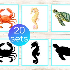 Os animais do oceano sombreiam cartas correspondentes. Criança Montessori para imprimir. Atividade pré-escolar com animais marinhos