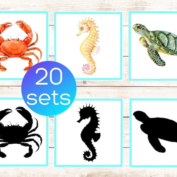 Ocean animals shadow matching cards. Montessori toddler printable. Preschool ocean animals activity