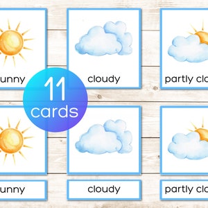 Weather Montessori printable vocabulary 3 part cards. Nomenclature cards. Zajęcia dla przedszkolaków i przedszkolaków. Ilustracje akwarelowe