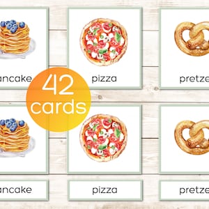 Mantimentos de alimentos Vocabulário Montessori para impressão, cartões de 3 partes. Cartões de nomenclatura. Atividade para crianças pré-escolares e jardim de infância. Aquarela