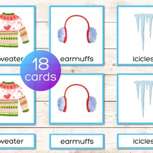 Tarjetas de vocabulario Montessori de invierno para imprimir en 3 partes. Tarjetas de nomenclatura. Actividad para preescolar y jardín de infantes. Ilustraciones en acuarela