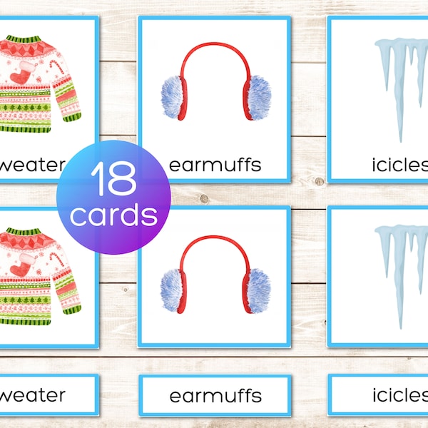 Winter Montessori printable vocabulary 3 part cards. Nomenclature cards. Preschool and kindergarten activity. Watercolor illustrations