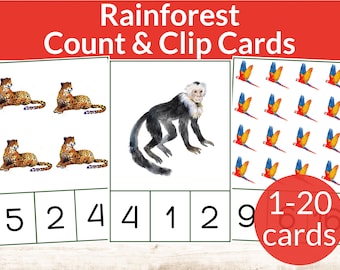 Rainforest Montessori Count & Clip Cards. Preschool and Kindergarten math activity. Rainforest Unit Study. Homeschool preschool numbers