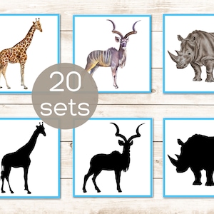 Cartes fantômes Montessori animaux d'Afrique à imprimer. Correspondance d'ombres pour tout-petits, activité animale d'âge préscolaire pdf