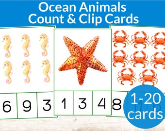 Ocean Animals Montessori Count & Clip Cards. Preschool and Kindergarten math activity. Ocean creatures Unit Study. Preschool numbers