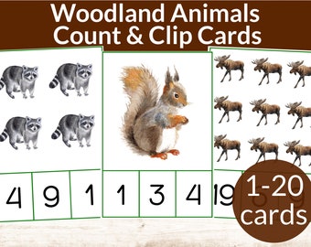 Woodland Animals Montessori Count & Clip Cards. Preschool and Kindergarten Math Activity. Woodland Animals Unit Study. Preschool Numbers