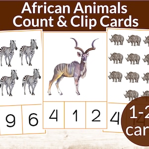 Carte Montessori per contare e ritagliare gli animali africani. Attività di matematica per la scuola materna e l'asilo. Studio dell'unità sugli animali africani. Numeri e conteggio